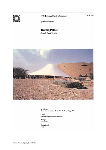 Tuwaiq Palace - The On-site Review Report, formerly called the Technical Review, is a document prepared for the Aga Khan Award for Architecture by commissioned independent reviewers who report to the Master Jury about a specific shortlisted project. The reviewers are architectural professionals specialised in various disciplines, including housing, urban planning, landscape design, and restoration. Their task is to examine, on-site, the shortlisted projects to verify project data seek. The reviewers must consider a detailed set of criteria in their written reports, and must also respond to the specific concerns and questions prepared by the Master Jury for each project. This process is intensive and exhaustive making the Aga Khan Award process entirely unique.