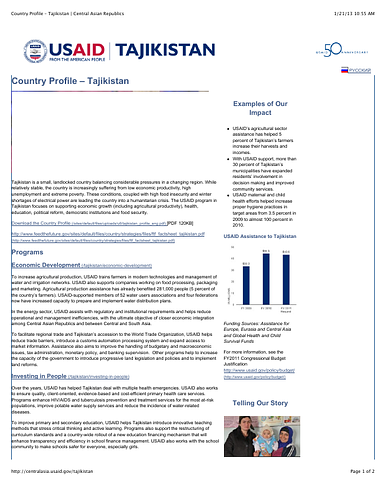  United States Agency for International Development - Country profile of Tajikistan from the USAID website.