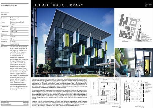 Bishan Public Library - Presentation panels are drawings, images, and text graphically prepared by the architect and submitted to the Aga Khan Award for Architecture during the later round of the Award cycle. The portfolios are kept in the Aga Khan Trust for Culture Library for consultation purposes.