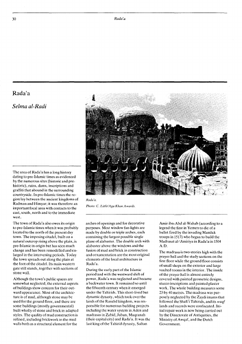  Rada'a - Essay in Development and Urban Metamorphosis; Volume 2: Background Papers, proceedings of Seminar Eight in the Series Architectural Transformations in the Islamic World.  Held in Sana'a, Yemen Arab Republic, May 25-30, 1983.