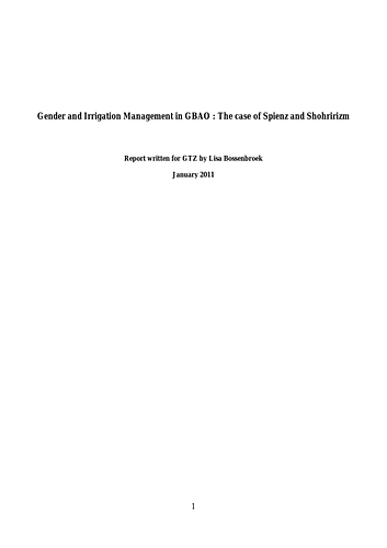 A report on research for Bossenbroek's masters thesis answering the question <i>How are water rights and access to surface irrigation water organized and gendered in two different areas in GBAO?</i> The report elaborates on the methodology that has been used to carry out this research, presents the conceptual framework that has been used to analyse the findings of the field research, elaborates on the findings at the community level, and concludes with several recommendations.