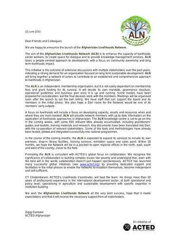 ACTED: Afghanistan Livelihoods Network Press Release