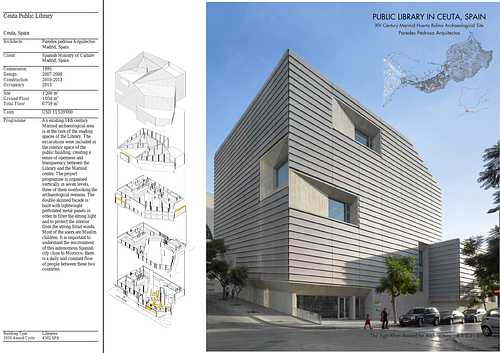 Ceuta Public Library - Presentation panels are drawings, images, and text graphically prepared by the architect and submitted to the Aga Khan Award for Architecture during the later round of the Award cycle. The portfolios are kept in the Aga Khan Trust for Culture Library for consultation purposes.