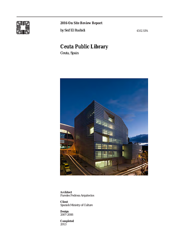 Ceuta Public Library - The On-site Review Report, formerly called the Technical Review, is a document prepared for the Aga Khan Award for Architecture by commissioned independent reviewers who report to the Master Jury about a specific shortlisted project. The reviewers are architectural professionals specialised in various disciplines, including housing, urban planning, landscape design, and restoration. Their task is to examine, on-site, the shortlisted projects to verify project data seek. The reviewers must consider a detailed set of criteria in their written reports, and must also respond to the specific concerns and questions prepared by the Master Jury for each project. This process is intensive and exhaustive making the Aga Khan Award process entirely unique.