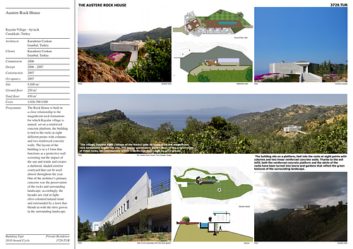 Austere Rock House - Presentation panels are drawings, images, and text graphically prepared by the architect and submitted to the Aga Khan Award for Architecture during the later round of the Award cycle. The portfolios are kept in the Aga Khan Trust for Culture Library for consultation purposes.