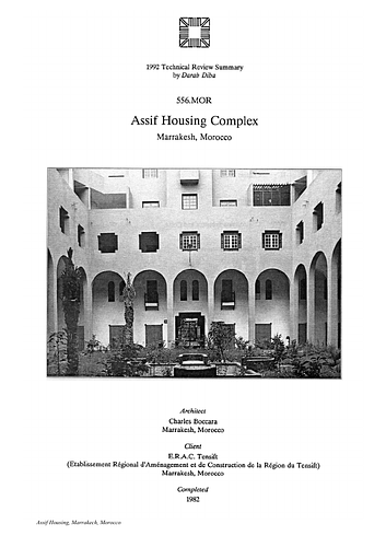 Assif Housing - The On-site Review Report, formerly called the Technical Review, is a document prepared for the Aga Khan Award for Architecture by commissioned independent reviewers who report to the Master Jury about a specific shortlisted project. The reviewers are architectural professionals specialised in various disciplines, including housing, urban planning, landscape design, and restoration. Their task is to examine, on-site, the shortlisted projects to verify project data seek. The reviewers must consider a detailed set of criteria in their written reports, and must also respond to the specific concerns and questions prepared by the Master Jury for each project. This process is intensive and exhaustive making the Aga Khan Award process entirely unique.