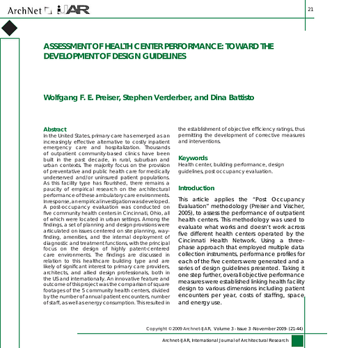 Assessment of Health Center Performance: Toward the Development of Design Guidelines