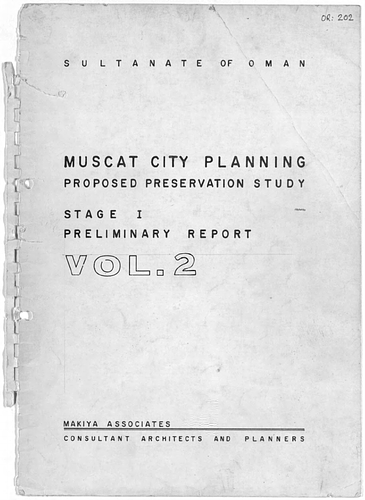  Muscat - <p class="MsoNormal" style="margin-bottom: 0.0001pt; line-height: normal;"><span style="font-family: &quot;Helvetica Neue&quot;, serif; font-size: 12pt;">Muscat City Planning - Proposed Preservation Study, Stage I Preliminary Report,&nbsp;</span><span style="font-family: &quot;Helvetica Neue&quot;, serif; font-size: 16px;">Volume 2</span><span style="font-family: &quot;Helvetica Neue&quot;, serif; font-size: 12pt;">. &nbsp;Please note that the Mohamed Makiya Archive does not include a related "Volume 1". &nbsp;However, the subsequent report or booklet includes mention that the drawings and plans done for an exhibition may constitute a presentation that was to be considered part of the two volume environmental study.</span></p><p class="MsoNormal" style="margin-bottom: 0.0001pt; line-height: 16.5pt;"><span style="font-size: 12pt; font-family: &quot;Helvetica Neue&quot;, serif;"><o:p>&nbsp;</o:p></span></p><p class="MsoNormal" style="margin: 0in 0in 0.0001pt 0.5in; line-height: normal;"><span style="font-size: 12pt; font-family: &quot;Helvetica Neue&quot;, serif;">In June 1972 His Majesty the Sultan of Oman commissioned Makiya Associates to act as planning consultants to undertake a comprehensive survey of the existing city and to draw up proposals for conservation and future development.&nbsp; A master plan was developed including planning proposals and legislative recommendations for implementation.&nbsp;&nbsp;This was presented as a two volume report including a panel exhibition of photographs and drawings of the city as existing and as proposed.&nbsp;&nbsp;The following summary report is based on that material and on the further results of several years practice as the physical planners of the city of Muscat.<o:p></o:p></span></p><p class="MsoNormal" style="margin-bottom: 0.0001pt; line-height: normal;"><span style="font-size: 12pt; font-family: &quot;Times New Roman&quot;, serif;">&nbsp;<o:p></o:p></span></p><p class="MsoNormal" style="margin-bottom: 0.0001pt; line-height: normal;"><span style="font-size: 12pt; font-family: &quot;Helvetica Neue&quot;, serif;">Makiya Associates,&nbsp;<i>Muscat City Planning,</i>&nbsp;ca. 1973-75, Introduction, 1.2.</span></p>