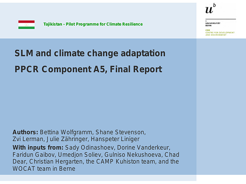 <b>Report contents</b><br/>Glossary<br/>Abbreviations, Organisations and Programs<br/>Executive summary<br/>Preface<br/>1. Land use and vulnerability to climate change in Tajikistan<br/>2. SLM documentation and analysis of adaptation to climate change<br/>3. How to move from climate change vulnerable to resilient?<br/>4. Recommendations for PPCR Phase 2 activities<br/>Appendices