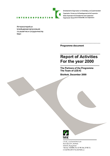 "This report tries to cover the activities of the Kyrgyz-Swiss Forestry Sector Support Program for 2000. The report is based partially on the mid-year report from June 2000. The first part gives an overview on the activities of LES-IC, including missions, visits, trainees etc. The projects' activities are described merely in an analytical form, which takes mainly into account the year 2000. Nevertheless, because it is the last report of the second phase, the report shows achievements and processes of the past three years. A long way has been done together, and a lot of partners have collaborated and collaborate in the Kyrgyz-Swiss Forestry Sector Support Program: this report wants to show what has been done in a successful, or less successful way, and what have been the main events leading the partners to the actual state of affairs. Last but not least, this report would like to be a sort of basis for the future third phase: the masterplan of the third phase is a direct conclusion of the activities of the two previous phases."