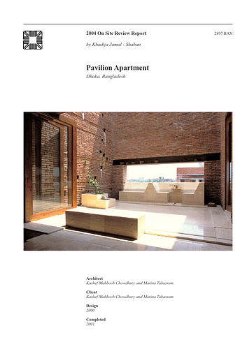 Pavilion Apartment - The On-site Review Report, formerly called the Technical Review, is a document prepared for the Aga Khan Award for Architecture by commissioned independent reviewers who report to the Master Jury about a specific shortlisted project. The reviewers are architectural professionals specialised in various disciplines, including housing, urban planning, landscape design, and restoration. Their task is to examine, on-site, the shortlisted projects to verify project data seek. The reviewers must consider a detailed set of criteria in their written reports, and must also respond to the specific concerns and questions prepared by the Master Jury for each project. This process is intensive and exhaustive making the Aga Khan Award process entirely unique.