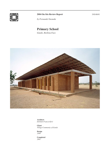 Primary School at Gando - The On-site Review Report, formerly called the Technical Review, is a document prepared for the Aga Khan Award for Architecture by commissioned independent reviewers who report to the Master Jury about a specific shortlisted project. The reviewers are architectural professionals specialised in various disciplines, including housing, urban planning, landscape design, and restoration. Their task is to examine, on-site, the shortlisted projects to verify project data seek. The reviewers must consider a detailed set of criteria in their written reports, and must also respond to the specific concerns and questions prepared by the Master Jury for each project. This process is intensive and exhaustive making the Aga Khan Award process entirely unique.