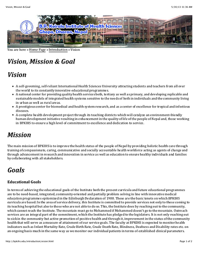 Introductory webpage with vision, mission, and goals for the&nbsp;B.P. Koirala Institute of Health Sciences, a health sciences university in Nepal.