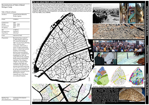 Reconstruction of Nahr el-Bared Refugee Camp - Presentation panels are drawings, images, and text graphically prepared by the architect and submitted to the Aga Khan Award for Architecture during the later round of the Award cycle. The portfolios are kept in the Aga Khan Trust for Culture Library for consultation purposes.