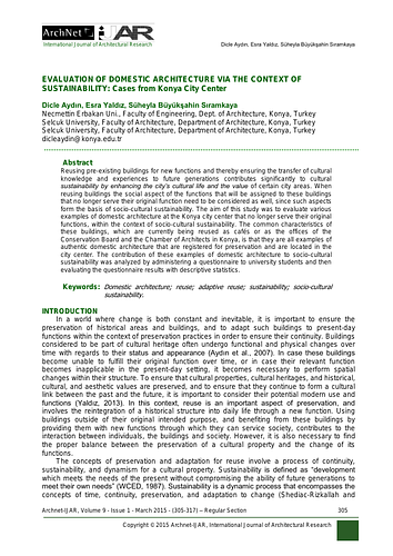 Evaluation of Domestic Architecture via the Context of Sustainability: Cases from Konya City Center