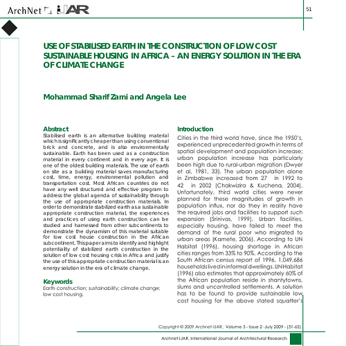 Use of Stabilized Earth in the Construction of Low Cost Sustainable Housing in Africa: An Energy Solution in the Era of Climate Changes