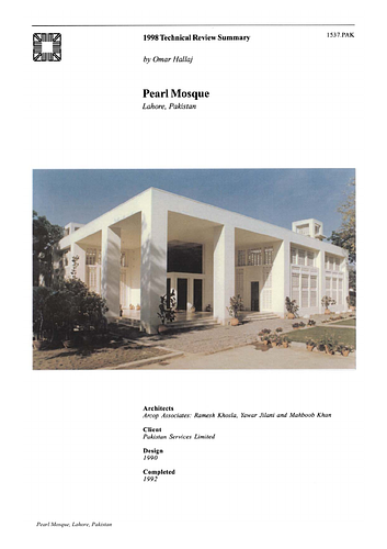 Pearl Mosque - The On-site Review Report, formerly called the Technical Review, is a document prepared for the Aga Khan Award for Architecture by commissioned independent reviewers who report to the Master Jury about a specific shortlisted project. The reviewers are architectural professionals specialised in various disciplines, including housing, urban planning, landscape design, and restoration. Their task is to examine, on-site, the shortlisted projects to verify project data seek. The reviewers must consider a detailed set of criteria in their written reports, and must also respond to the specific concerns and questions prepared by the Master Jury for each project. This process is intensive and exhaustive making the Aga Khan Award process entirely unique.