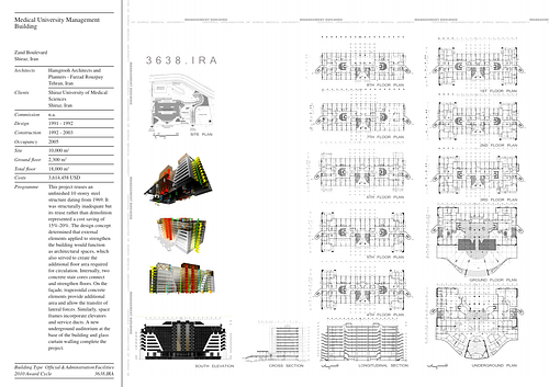 Medical University Management Building - Presentation panels are drawings, images, and text graphically prepared by the architect and submitted to the Aga Khan Award for Architecture during the later round of the Award cycle. The portfolios are kept in the Aga Khan Trust for Culture Library for consultation purposes.