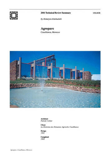 Agroparc - The On-site Review Report, formerly called the Technical Review, is a document prepared for the Aga Khan Award for Architecture by commissioned independent reviewers who report to the Master Jury about a specific shortlisted project. The reviewers are architectural professionals specialised in various disciplines, including housing, urban planning, landscape design, and restoration. Their task is to examine, on-site, the shortlisted projects to verify project data seek. The reviewers must consider a detailed set of criteria in their written reports, and must also respond to the specific concerns and questions prepared by the Master Jury for each project. This process is intensive and exhaustive making the Aga Khan Award process entirely unique.