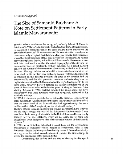 The Size of Samanid Bukhara: A Note on Settlement Patterns in Early Islamic Mawarannahr