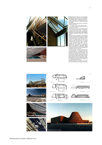 Rafsanjan Sport Complex - Presentation panels are drawings, images, and text graphically prepared by the architect and submitted to the Aga Khan Award for Architecture during the later round of the Award cycle. The portfolios are kept in the Aga Khan Trust for Culture Library for consultation purposes.