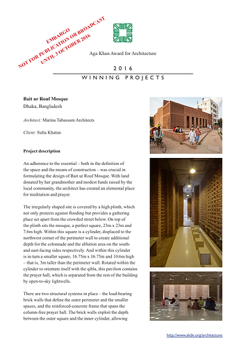 Bait Ur Rouf Mosque - <span style="color: rgb(1, 1, 1);">This document brings together documentation on the&nbsp;Bait Ur Rouf Mosque project collected through the Aga Khan Award for Architecture nomination and documentation process. It includes technical data, information about the architect(s), project description and Master Jury citation.&nbsp;</span>