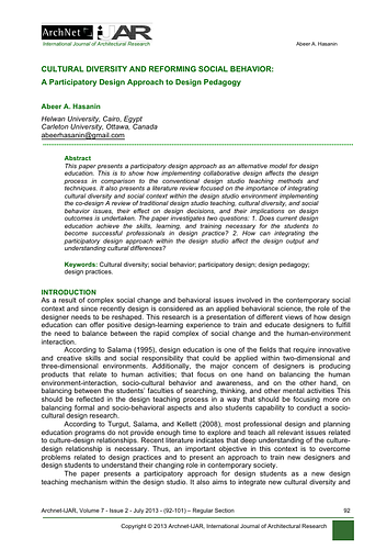 This paper presents a participatory design approach as an alternative model for design education. This is to show how implementing collaborative design affects the design process in comparison to the conventional design studio teaching methods and techniques. It also presents a literature review focused on the importance of integrating cultural diversity and social context within the design studio environment implementing the co-design A review of traditional design studio teaching, cultural diversity, and social behavior issues, their effect on design decisions, and their implications on design outcomes is undertaken. The paper investigates two questions: 1. Does current design education achieve the skills, learning, and training necessary for the students to become successful professionals in design practice? 2. How can integrating the participatory design approach within the design studio affect the design output and understanding cultural differences?