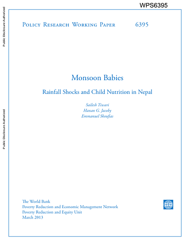<div>Do household consumption-smoothing strategies in poor countries entail significant long-run costs in terms of reduced human capital? This paper exploits the timing of monsoon rainfall shocks and the seasonal nature of agriculture to isolate income effects on early childhood anthropometric outcomes in rural Nepal and to provide evidence on the persistence of these effects into later childhood. Findings suggest that a 10 percent increase in rainfall from historic norms during the most recently completed monsoon leads to a 0.15 standard deviation increase in weight-for-age for children ages 0–36 months. This total impact consists of a negative “disease</div><div>environment effect” of no more than 0.02 standard deviations and a positive “income effect” as high as 0.17 standard deviations. Consistent with this interpretation, excess monsoon rainfall also enhances child stature, but only if the monsoon rainfall shock is experienced in the second year of life. Moreover, this effect on child height is transitory, dissipating completely by age five.</div>