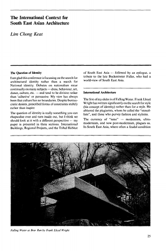 Singapore Conference Hall - Essay in Architecture and Identity, proceedings from a regional seminar organised by the Aga Khan Award for Architecture held in Kuala Lumpur, Malaysia, in 1983.