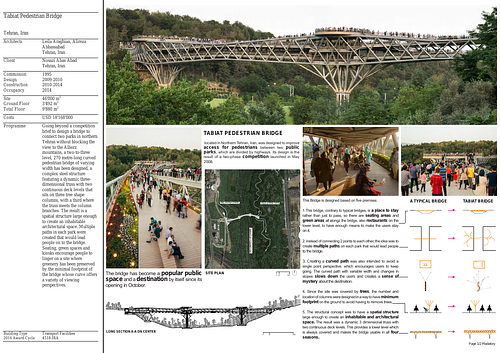 Tabiat Pedestrian Bridge - Presentation panels are drawings, images, and text graphically prepared by the architect and submitted to the Aga Khan Award for Architecture during the later round of the Award cycle. The portfolios are kept in the Aga Khan Trust for Culture Library for consultation purposes.