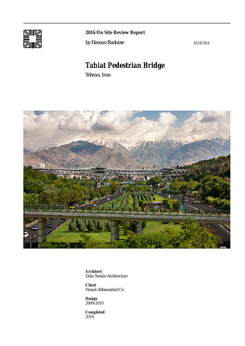 Tabiat Pedestrian Bridge - The On-site Review Report, formerly called the Technical Review, is a document prepared for the Aga Khan Award for Architecture by commissioned independent reviewers who report to the Master Jury about a specific shortlisted project. The reviewers are architectural professionals specialised in various disciplines, including housing, urban planning, landscape design, and restoration. Their task is to examine, on-site, the shortlisted projects to verify project data seek. The reviewers must consider a detailed set of criteria in their written reports, and must also respond to the specific concerns and questions prepared by the Master Jury for each project. This process is intensive and exhaustive making the Aga Khan Award process entirely unique.