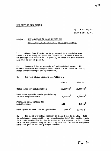 Hassan Fathy - Written To: "The City Of The Future" Research Staff<br/><br/>Date: August 8, 1961<br/><br/><br/>In this document Fathy suggests two different layout plans (A and B) for creating residential blocks within the spatial configuration of urban planning. He compares the two plans and outlines out their advantages of layout B.