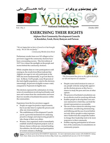 4 page newsletter from the National Solidarity Programme.&nbsp;<span style="text-align: justify;">The National Solidarity Programme (NSP) was created in 2003 by the&nbsp;</span><a href="http://www.mrrd.gov.af/" class="link" target="_blank" style="text-align: justify;">Ministry of Rural Rehabilitation and Development</a><span style="text-align: justify;">&nbsp;to develop the ability of Afghan communities to identify, plan, manage and monitor their own development projects.</span><div><span style="text-align: justify;"><br></span></div><div><span style="text-align: justify;">See:&nbsp;<a href="http://www.nspafghanistan.org/">National Solidarity Programme</a></span></div>