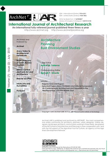 Archnet-IJAR International Journal of Architectural Research is an interdisciplinary, fully-refereed scholarly online journal of architecture, planning, and built environment studies. Two international boards (advisory and editorial) ensure the quality of scholarly papers and allow for a comprehensive academic review of contributions spanning a wide spectrum of issues, methods, theoretical approaches and architectural and development practices.  <br/><br/>ArchNet-IJAR provides a comprehensive academic review of a wide spectrum of issues, methods, and theoretical approaches. It aims to bridge theory and practice in the fields of architectural/design research and urban planning/built environment studies, reporting on the latest research findings and innovative approaches for creating responsive environments. Articles are listed individually and can be sorted by author, title or year.