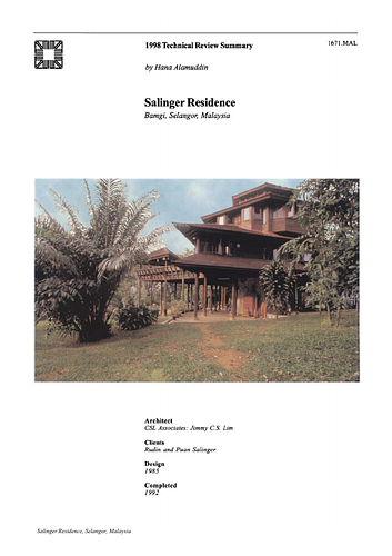 Salinger Residence - The On-site Review Report, formerly called the Technical Review, is a document prepared for the Aga Khan Award for Architecture by commissioned independent reviewers who report to the Master Jury about a specific shortlisted project. The reviewers are architectural professionals specialised in various disciplines, including housing, urban planning, landscape design, and restoration. Their task is to examine, on-site, the shortlisted projects to verify project data seek. The reviewers must consider a detailed set of criteria in their written reports, and must also respond to the specific concerns and questions prepared by the Master Jury for each project. This process is intensive and exhaustive making the Aga Khan Award process entirely unique.