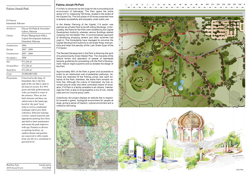 Fatima Jinnah Park - Presentation panels are drawings, images, and text graphically prepared by the architect and submitted to the Aga Khan Award for Architecture during the later round of the Award cycle. The portfolios are kept in the Aga Khan Trust for Culture Library for consultation purposes.