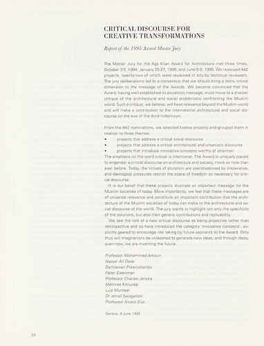 Creative Discourse for Creative Transformations, Report of the 1995 Award Master Jury