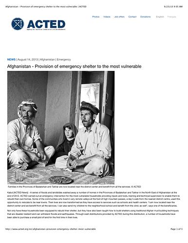 Short news article describing ACTED intervention in response to a "<span style="font-size: 13px;">series of floods and landslides [that] washed away a number of homes in the Provinces of Badakshan and Takhar in the North East of Afghanistan at the&nbsp;</span><span style="font-size: 13px;">end of 2012."</span>