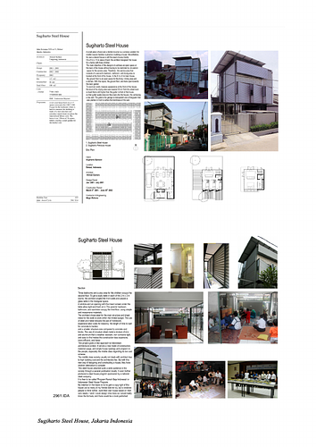 Sugiharto Steel House - Presentation panels are drawings, images, and text graphically prepared by the architect and submitted to the Aga Khan Award for Architecture during the later round of the Award cycle. The portfolios are kept in the Aga Khan Trust for Culture Library for consultation purposes.