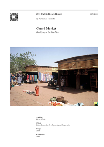 Ouahigouya Grand Market - The On-site Review Report, formerly called the Technical Review, is a document prepared for the Aga Khan Award for Architecture by commissioned independent reviewers who report to the Master Jury about a specific shortlisted project. The reviewers are architectural professionals specialised in various disciplines, including housing, urban planning, landscape design, and restoration. Their task is to examine, on-site, the shortlisted projects to verify project data seek. The reviewers must consider a detailed set of criteria in their written reports, and must also respond to the specific concerns and questions prepared by the Master Jury for each project. This process is intensive and exhaustive making the Aga Khan Award process entirely unique.