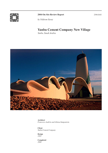Yanbu Cement Company Village - The On-site Review Report, formerly called the Technical Review, is a document prepared for the Aga Khan Award for Architecture by commissioned independent reviewers who report to the Master Jury about a specific shortlisted project. The reviewers are architectural professionals specialised in various disciplines, including housing, urban planning, landscape design, and restoration. Their task is to examine, on-site, the shortlisted projects to verify project data seek. The reviewers must consider a detailed set of criteria in their written reports, and must also respond to the specific concerns and questions prepared by the Master Jury for each project. This process is intensive and exhaustive making the Aga Khan Award process entirely unique.