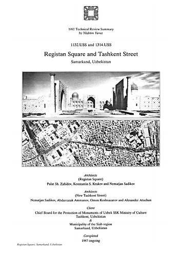 Registan Square Restoration - The On-site Review Report, formerly called the Technical Review, is a document prepared for the Aga Khan Award for Architecture by commissioned independent reviewers who report to the Master Jury about a specific shortlisted project. The reviewers are architectural professionals specialised in various disciplines, including housing, urban planning, landscape design, and restoration. Their task is to examine, on-site, the shortlisted projects to verify project data seek. The reviewers must consider a detailed set of criteria in their written reports, and must also respond to the specific concerns and questions prepared by the Master Jury for each project. This process is intensive and exhaustive making the Aga Khan Award process entirely unique.