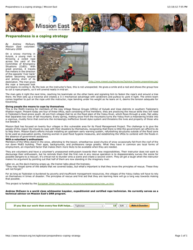 News article on volunteers in the Village Rescue Groups (VRGs) of Kulyab and Vose districts in southern Tajikistan's Khatlon region. Mission East has focused on twenty four villages in this vulnerable area for its Flood Management Project, aiming to give the people of this region the means to cope with their disasters by themselves.