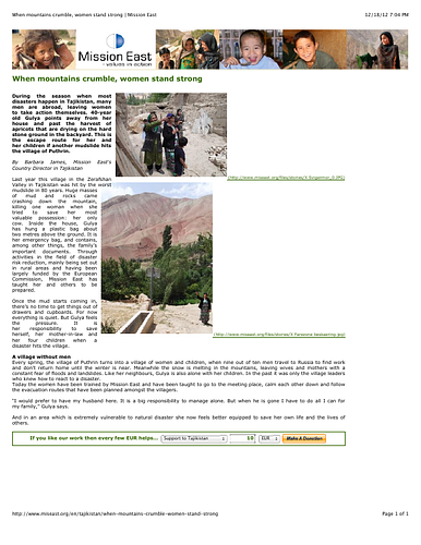 New article on the Mission East site about the role of women in responding to Tajikistan's natural disasters.