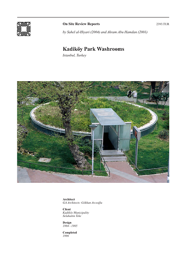 Underground Washrooms at Kadiköy Park - The On-site Review Report, formerly called the Technical Review, is a document prepared for the Aga Khan Award for Architecture by commissioned independent reviewers who report to the Master Jury about a specific shortlisted project. The reviewers are architectural professionals specialised in various disciplines, including housing, urban planning, landscape design, and restoration. Their task is to examine, on-site, the shortlisted projects to verify project data seek. The reviewers must consider a detailed set of criteria in their written reports, and must also respond to the specific concerns and questions prepared by the Master Jury for each project. This process is intensive and exhaustive making the Aga Khan Award process entirely unique.