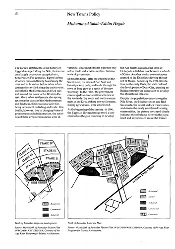 Essay in the Expanding Metropolis: Coping with the Urban Growth of Cairo, proceedings of Seminar Nine in the series Architectural Transformations in the Islamic World.  Held in Cairo, Egypt, November 11-15, 1984.