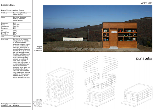 Bunateka Libraries - Presentation panels are drawings, images, and text graphically prepared by the architect and submitted to the Aga Khan Award for Architecture during the later round of the Award cycle. The portfolios are kept in the Aga Khan Trust for Culture Library for consultation purposes.