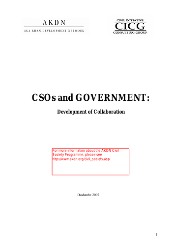 The purpose of this book is to present practical examples of cooperation and collaboration between the government and civil society organizations in Tajikistan. The book includes 25 case studies illustrating effective partnership between state structures and CSOs at the national and local levels. The case studies document the achievements, needs and provide direction for future cooperation.<br/><br/>The book is intended to be used by public organizations, state structures, international organizations, and all other parties interested in the positive experience of effective social partnership in the Republic of Tajikistan.<br/><br/>The publication was prepared by the Civil Initiative Consulting Group with financial support from AKDN (Aga Khan Development Network in Tajikistan, Civil Society Programme).