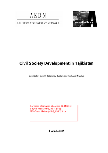 Aims of the research documented in this publication:<br/>1. Study of the features of CSO activities in the Republic of Tajikistan;<br/>2. Evaluation of various institutions’ influence on the CSO development process;<br/>3. Study of the features of the relationship of CSO sector with various institutions;<br/>4. Study of difficulties and needs of CSOs;<br/>5. Study of CSO development capacity and prospects.