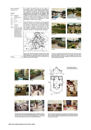 Slum Networking of Indore City - Presentation panels are drawings, images, and text graphically prepared by the architect and submitted to the Aga Khan Award for Architecture during the later round of the Award cycle. The portfolios are kept in the Aga Khan Trust for Culture Library for consultation purposes.